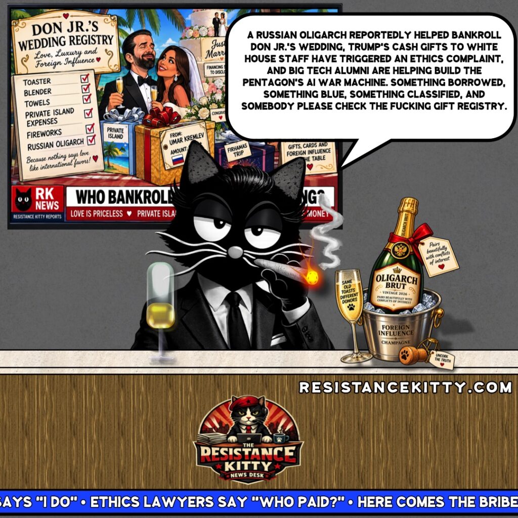 Resistance Kitty says “A Russian oligarch reportedly helped bankroll Don Jr.’s wedding, Trump’s cash gifts to White House staff have triggered an ethics complaint, and Big Tech alumni are helping build the Pentagon’s AI war machine. Something borrowed, something blue, something classified, and somebody please check the fucking gift registry.”