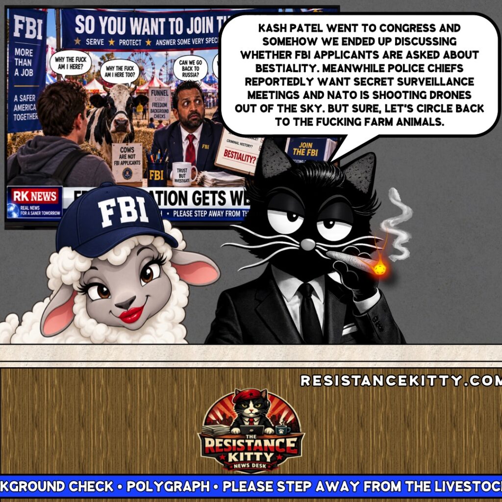 Resistance Kitty says, “Kash Patel went to Congress and somehow we ended up discussing whether FBI applicants are asked about bestiality. Meanwhile police chiefs reportedly want secret surveillance meetings and NATO is shooting drones out of the sky. But sure, let's circle back to the fucking farm animals.”