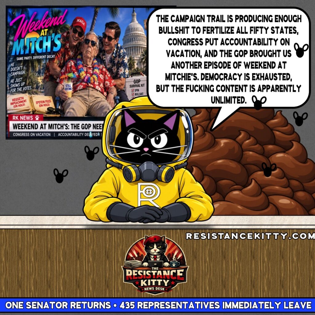 Resistance Kitty says, “The campaign trail is producing enough bullshit to fertilize all fifty states, Congress put accountability on vacation, and the GOP brought us another episode of Weekend at Mitchie’s. Democracy is exhausted, but the fucking content is apparently unlimited.”