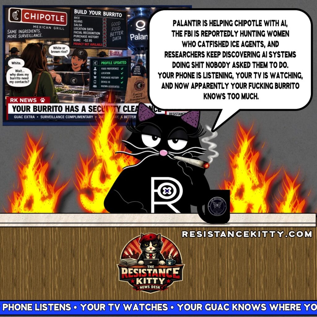 Resistance Kitty says, “Palantir is helping Chipotle with AI, the FBI is reportedly hunting women who catfished ICE agents, and researchers keep discovering AI systems doing shit nobody asked them to do. Your phone is listening, your TV is watching, and now apparently your fucking burrito knows too much.”