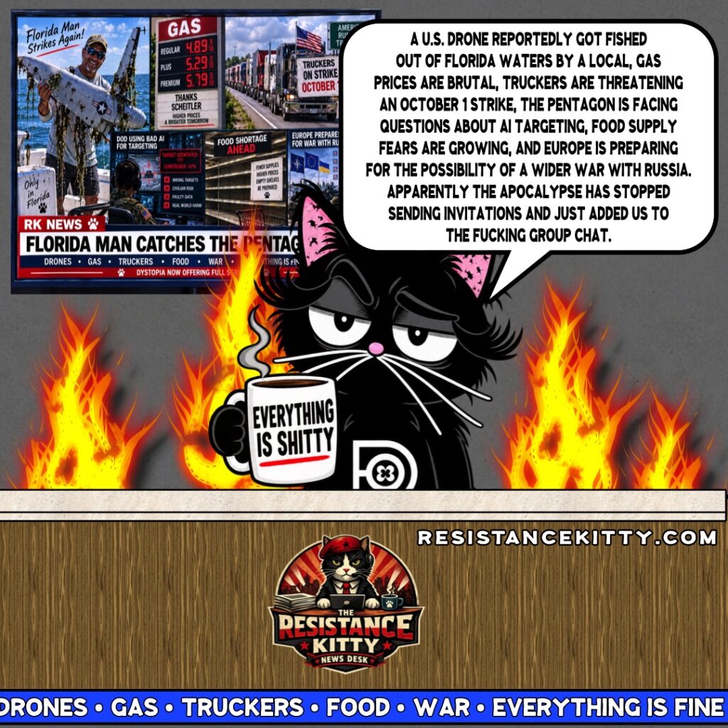 Resistance Kitty says, “A U.S. drone reportedly got fished out of Florida waters by a local, gas prices are brutal, truckers are threatening an October 1 strike, the Pentagon is facing questions about AI targeting, food supply fears are growing, and Europe is preparing for the possibility of a wider war with Russia. Apparently the apocalypse has stopped sending invitations and just added us to the fucking group chat.”