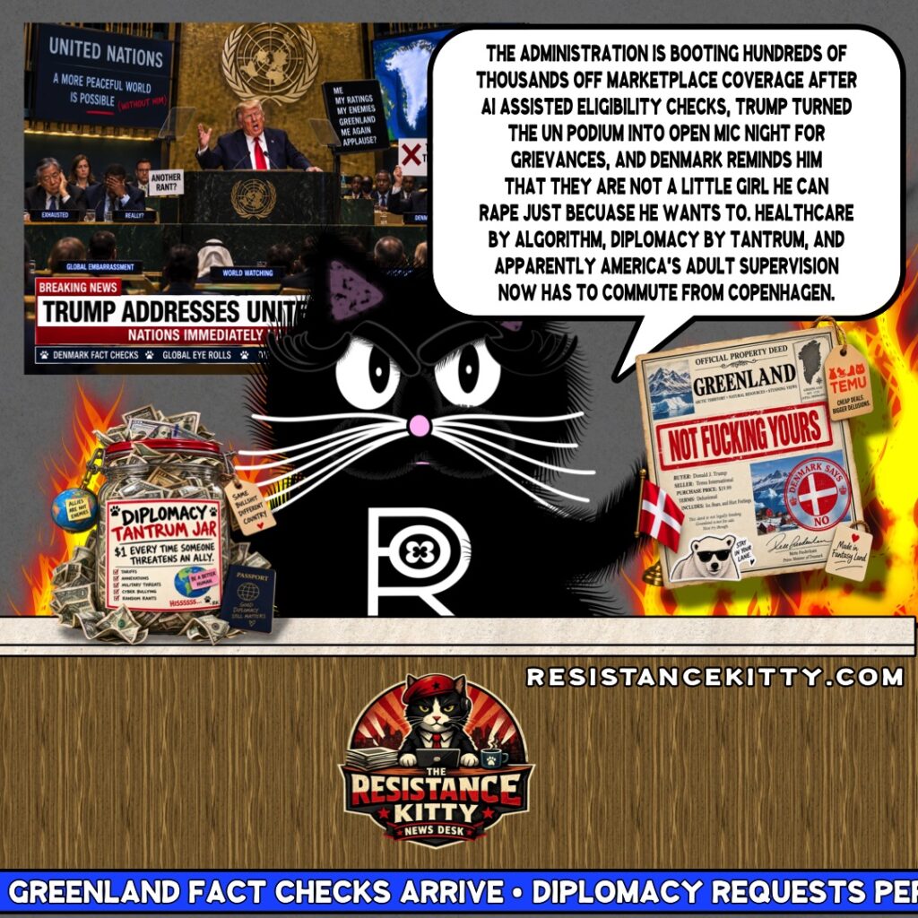Resistance Kitty says, “The administration is booting hundreds of thousands off Marketplace coverage after AI assisted eligibility checks, Trump turned the UN podium into open mic night for grievances, and Denmark reminds him that they are not a little girl he can rape just becuase he wants to. Healthcare by algorithm, diplomacy by tantrum, and apparently America’s adult supervision now has to commute from Copenhagen.”