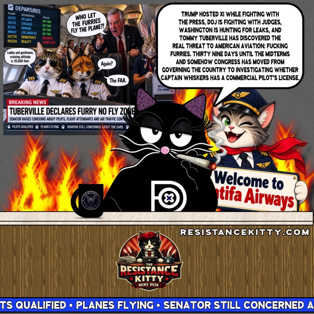 Resistance Kitty says, “Trump hosted Xi while fighting with the press, DOJ is fighting with judges, Washington is hunting for leaks, and Tommy Tuberville has discovered the real threat to American aviation: fucking furries. Thirty nine days until the midterms and somehow Congress has moved from governing the country to investigating whether Captain Whiskers has a commercial pilot’s license.”