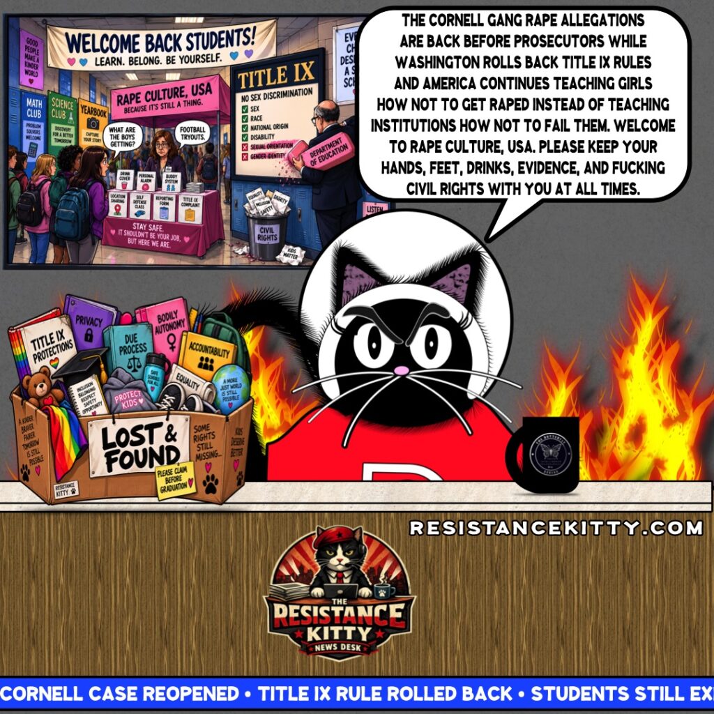 Resistance Kitty says, “The Cornell gang rape allegations are back before prosecutors while Washington rolls back Title IX rules and America continues teaching girls how not to get raped instead of teaching institutions how not to fail them. Welcome to Rape Culture, USA. Please keep your hands, feet, drinks, evidence, and fucking civil rights with you at all times.”