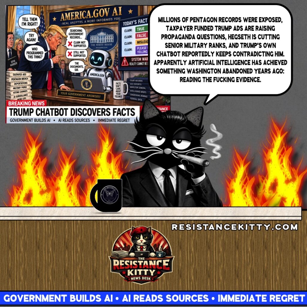 Resistance Kitty says “Millions of Pentagon records were exposed, taxpayer funded Trump ads are raising propaganda questions, Hegseth is cutting senior military ranks, and Trump’s own chatbot reportedly keeps contradicting him. Apparently artificial intelligence has achieved something Washington abandoned years ago: reading the fucking evidence.”