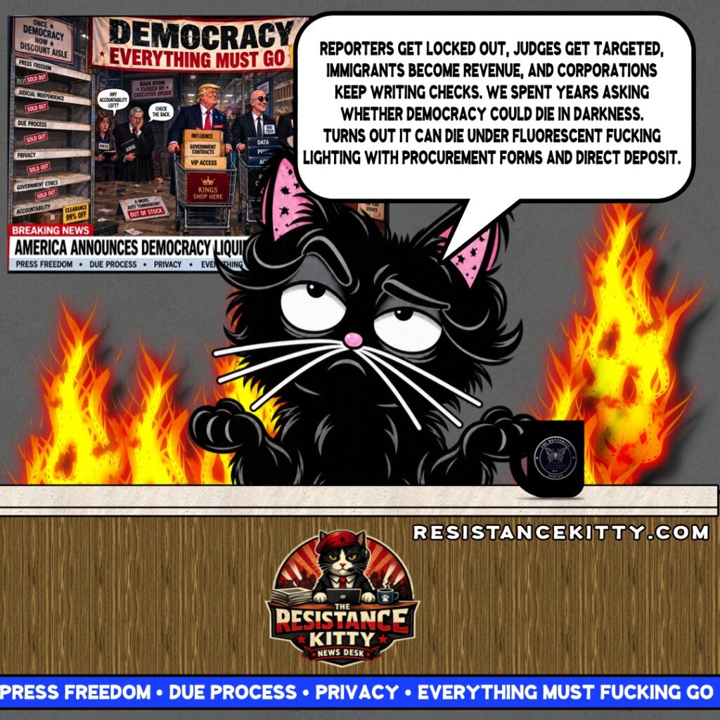 Resistance Kitty says “Reporters get locked out, judges get targeted, immigrants become revenue, and corporations keep writing checks. We spent years asking whether democracy could die in darkness. Turns out it can die under fluorescent fucking lighting with procurement forms and direct deposit.”