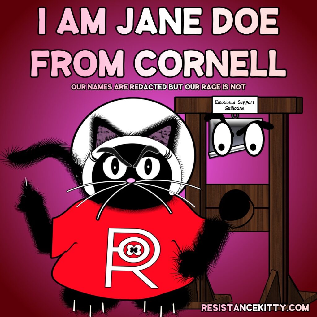 Resistance Kitty says, “ I am Jane Doe from Cornell.Our names are redacted but our rage is not.”
