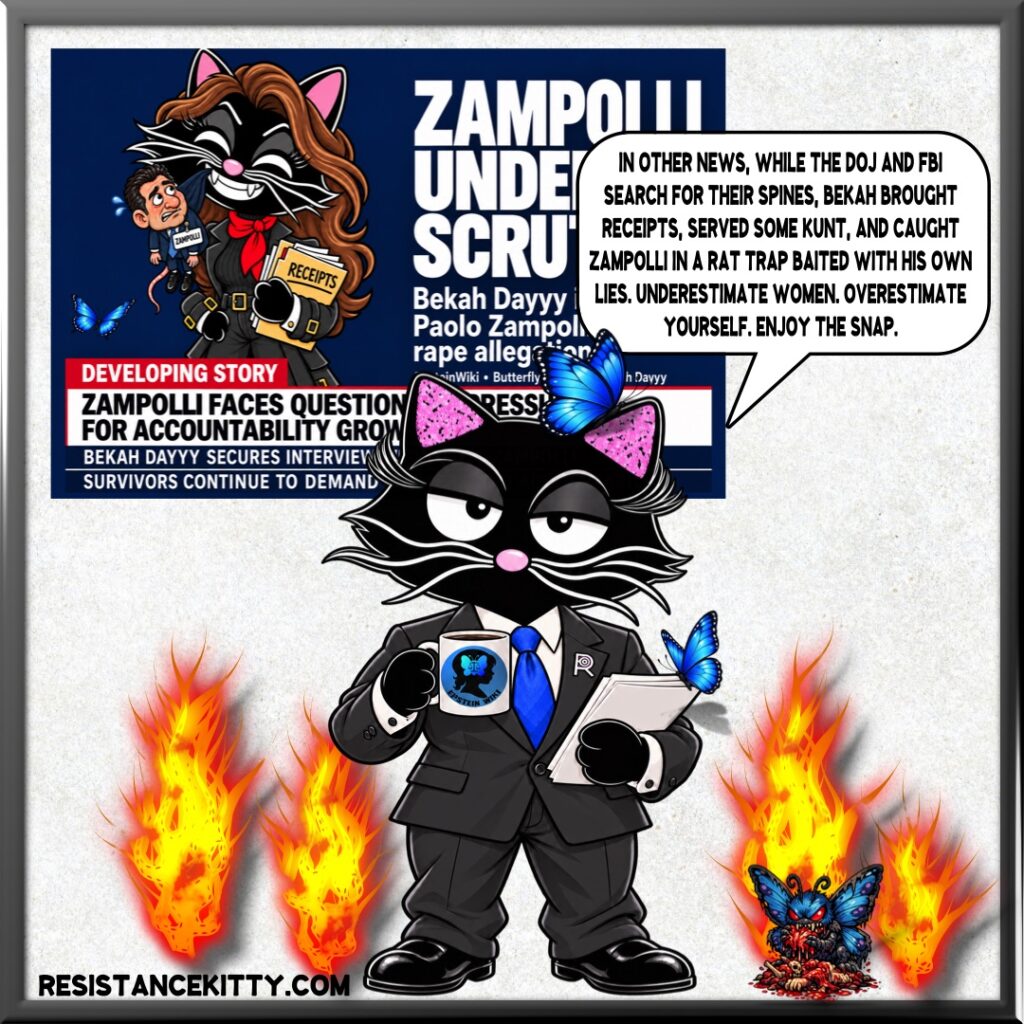Resistance Kitty says, “In other news, while the DOJ and FBI search for their spines, Bekah brought receipts, served some kunt, and caught Zampolli in a rat trap baited with his own lies. Underestimate women. Overestimate yourself. Enjoy the snap.”