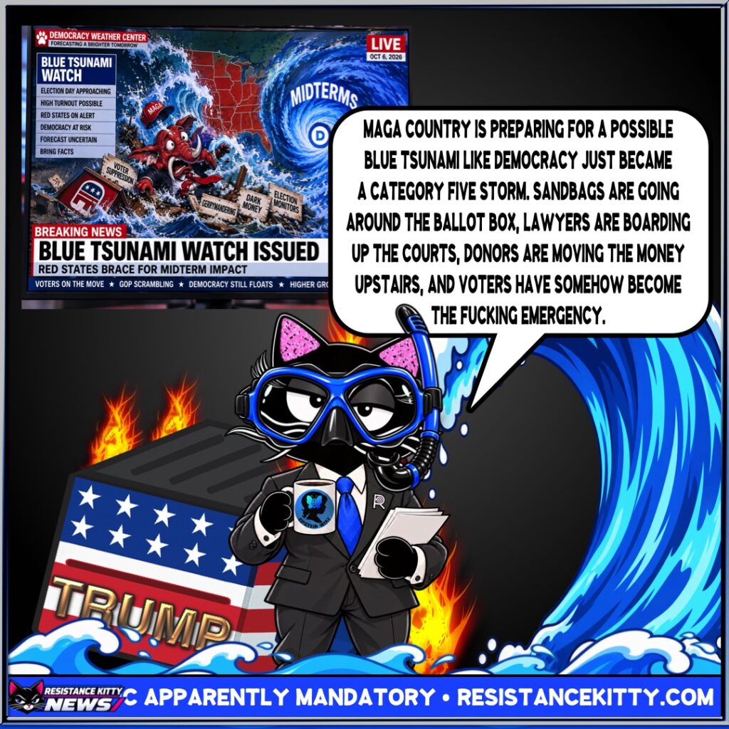 Resistance Kitty says, “MAGA country is preparing for a possible Blue Tsunami like democracy just became a Category Five storm. Sandbags are going around the ballot box, lawyers are boarding up the courts, donors are moving the money upstairs, and voters have somehow become the fucking emergency.”