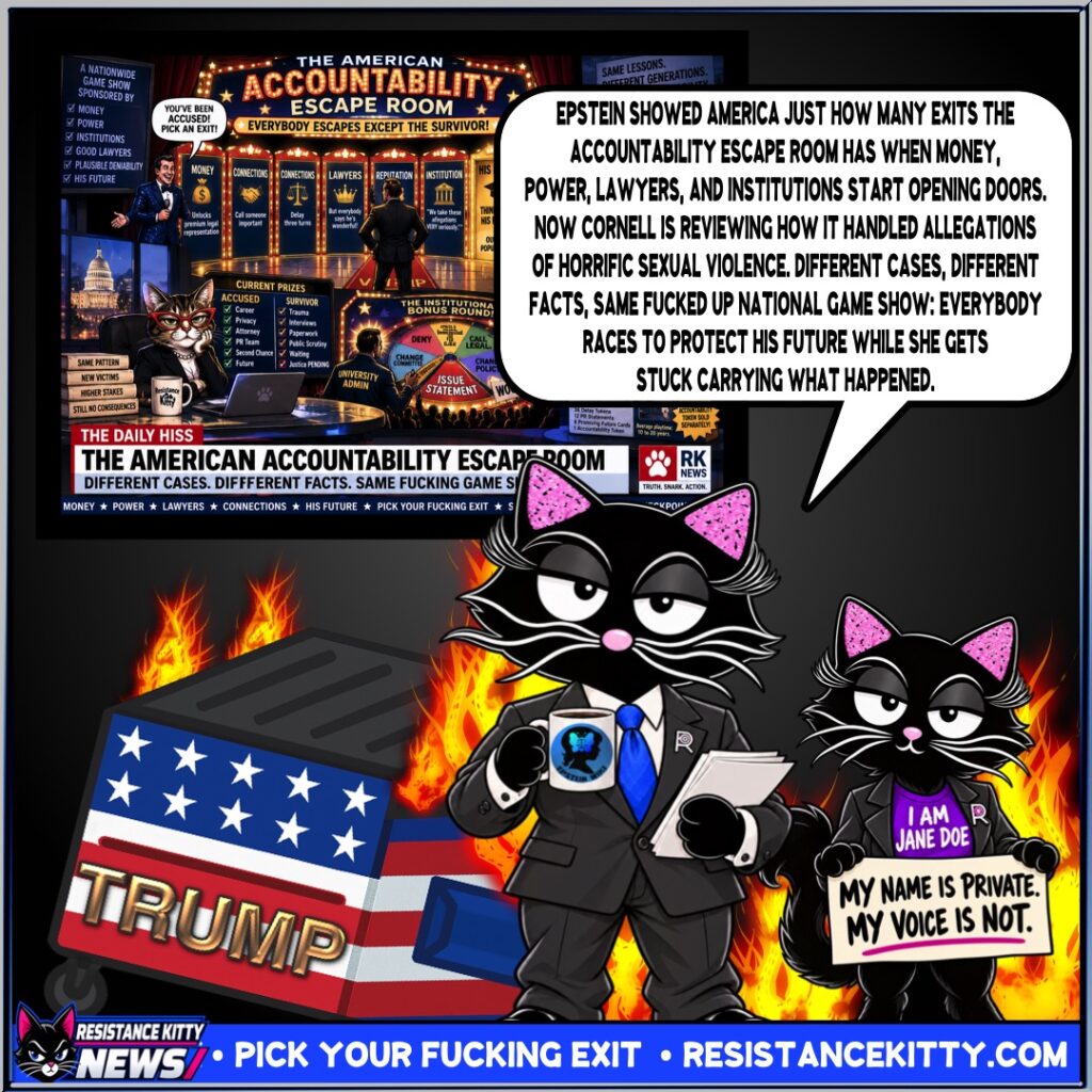 Resistance Kitty says, “Epstein showed America just how many exits the Accountability Escape Room has when money, power, lawyers, and institutions start opening doors. Now Cornell is reviewing how it handled allegations of horrific sexual violence. Different cases, different facts, same fucked up national game show: everybody races to protect his future while she gets stuck carrying what happened.”