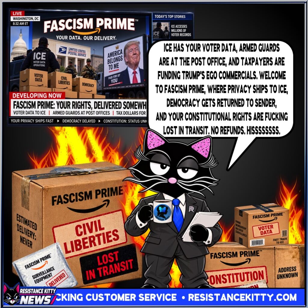 Resistance Kitty says, “ICE has your voter data, armed guards are at the post office, and taxpayers are funding Trump's ego commercials. Welcome to Fascism Prime, where privacy ships to ICE, democracy gets RETURNED TO SENDER, and your constitutional rights are fucking lost in transit. No refunds. Hissssssss.”