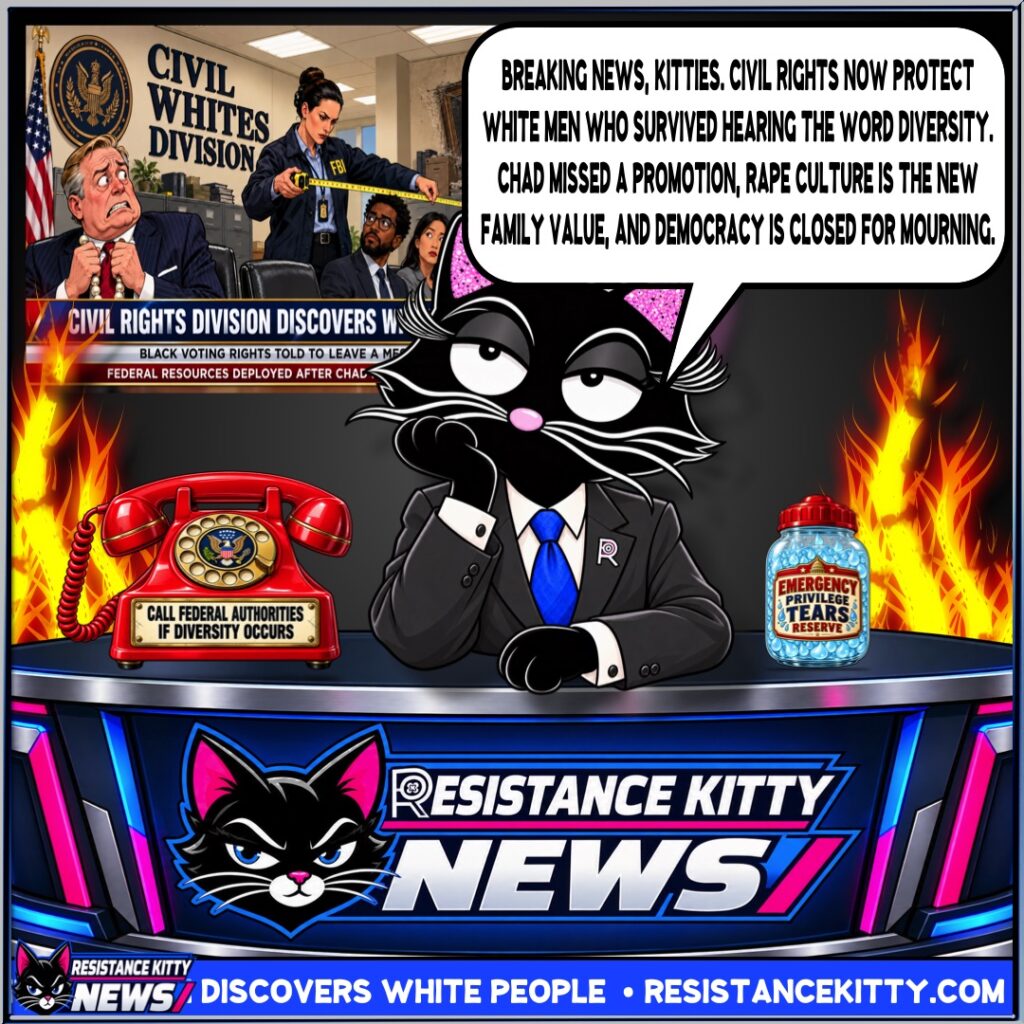 Resistance Kitty says, “Breaking news, Kitties. Civil rights now protect white men who survived hearing the word diversity. Chad missed a promotion, rape culture is the new family value, and democracy is closed for mourning.”
