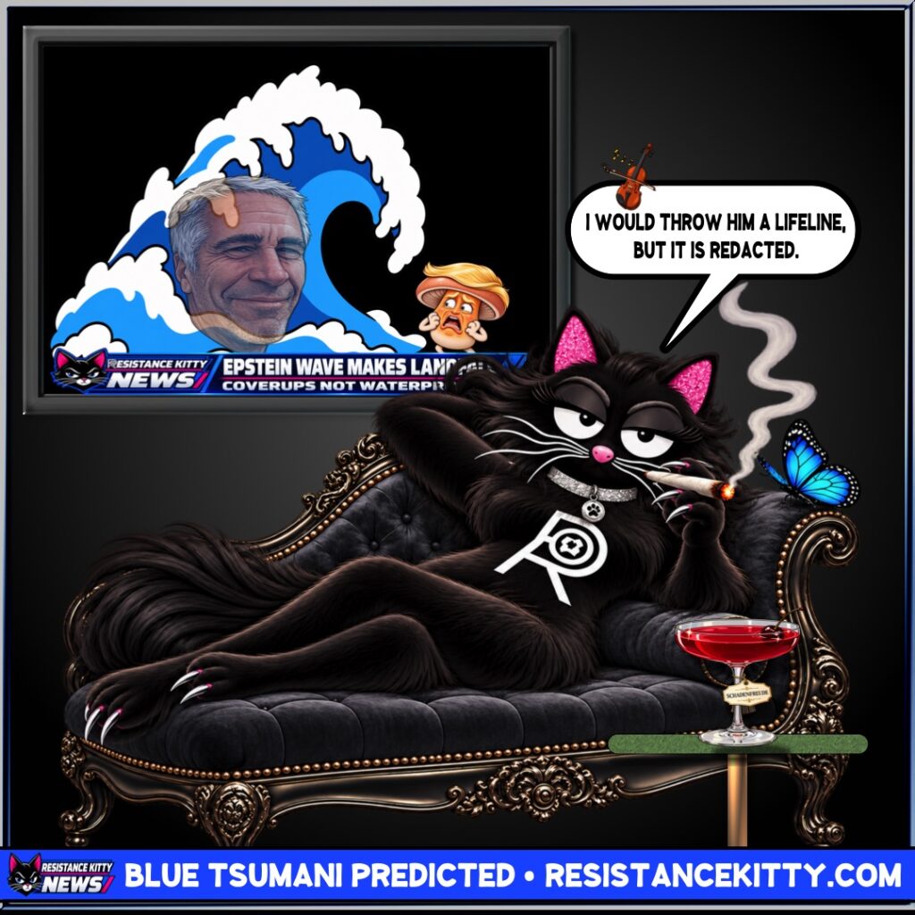 Resistance Kitty says, “I would throw him a lifeline, but it is redacted.”