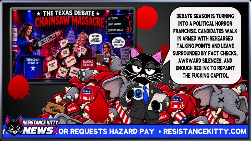 Resistance Kitty says, “Debate season is turning into a political horror franchise. Candidates walk in armed with rehearsed talking points and leave surrounded by fact checks, awkward silences, and enough red ink to repaint the fucking Capitol.”