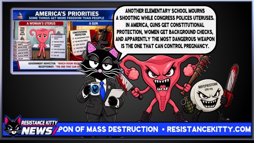 Resistance Kitty says, “Another elementary school mourns a shooting while Congress polices uteruses. In America, guns get constitutional protection, women get background checks, and apparently the most dangerous weapon is the one that can control pregnancy.”