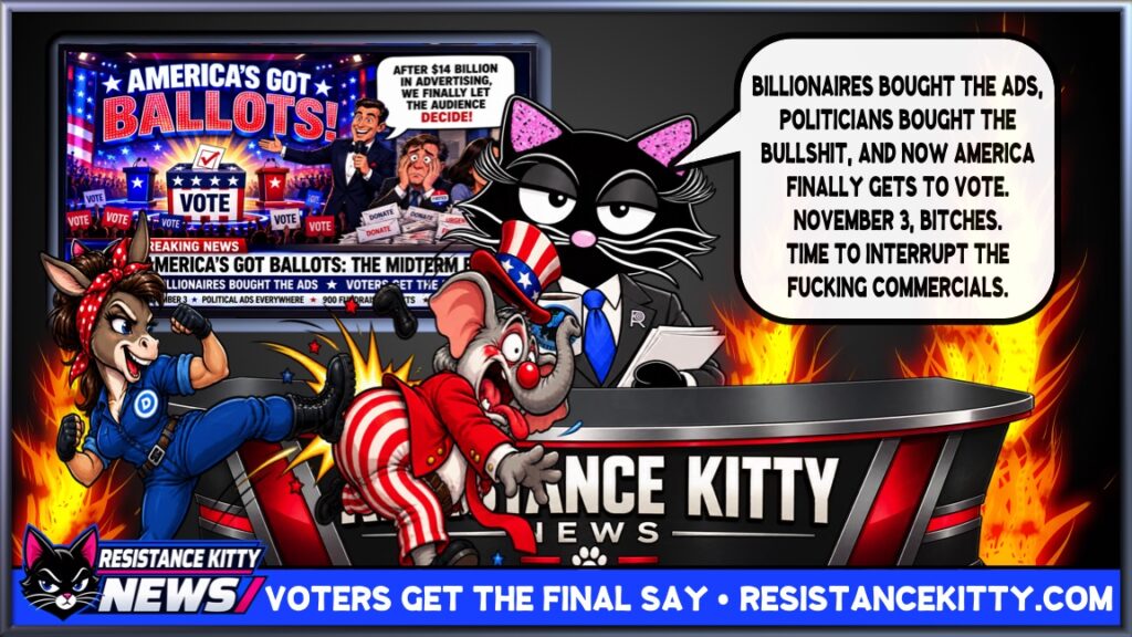 Resistance Kitty says, “Billionaires bought the ads, politicians bought the bullshit, and now America finally gets to vote. November 3, bitches. Time to interrupt the fucking commercials.”