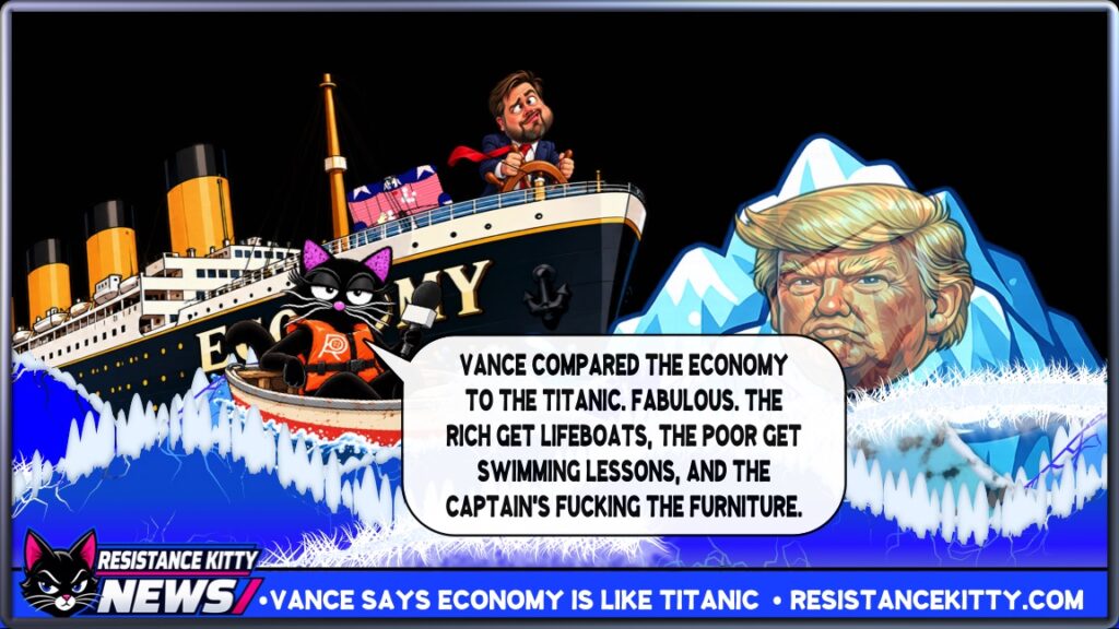 Resistance Kitty says, “Vance compared the economy to the Titanic. Fabulous. The rich get lifeboats, the poor get swimming lessons, and the captain's fucking the furniture.”