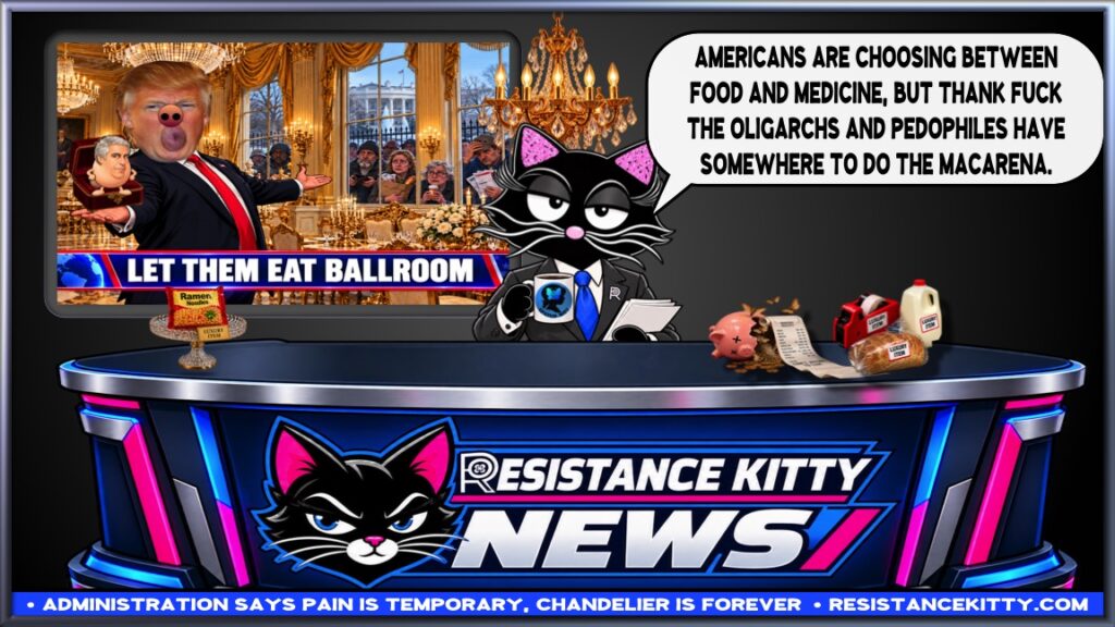 Resistance Kitty says, “Americans are choosing between food and medicine, but thank fuck the oligarchs and pedophiles have somewhere to do the Macarena.”