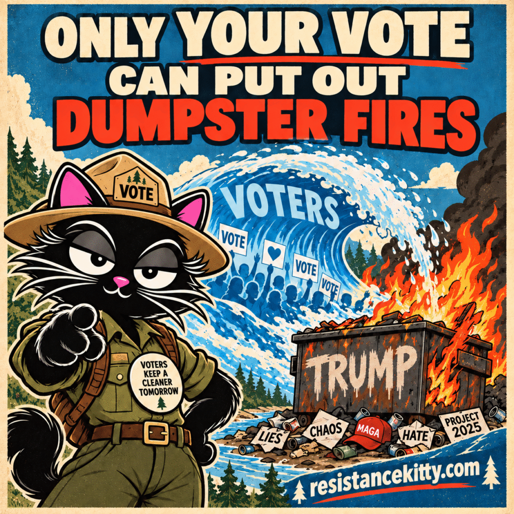 Resistance Kitty says, “Only your vote can put out dumpster fires.”