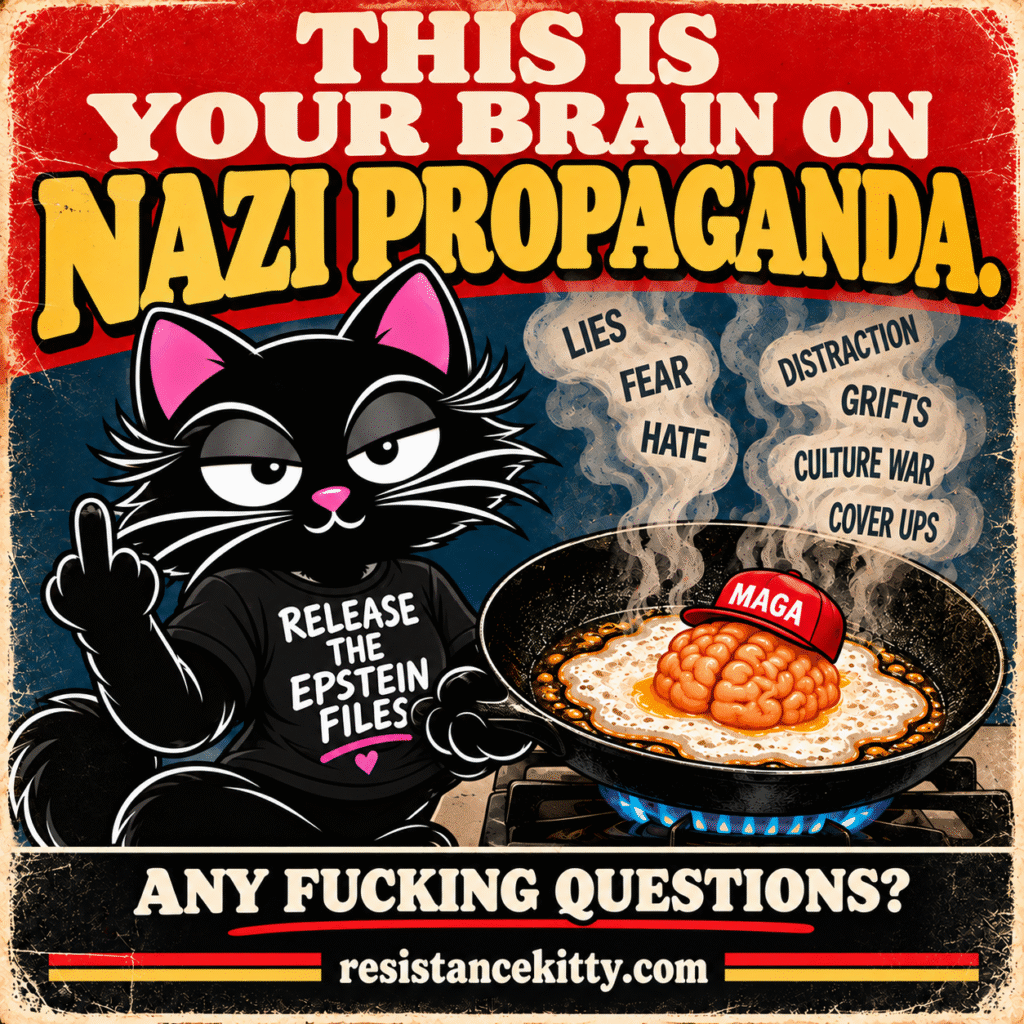 Resistance Kitty says, “This is your brain on nazi propaganda; any fucking questions?”
