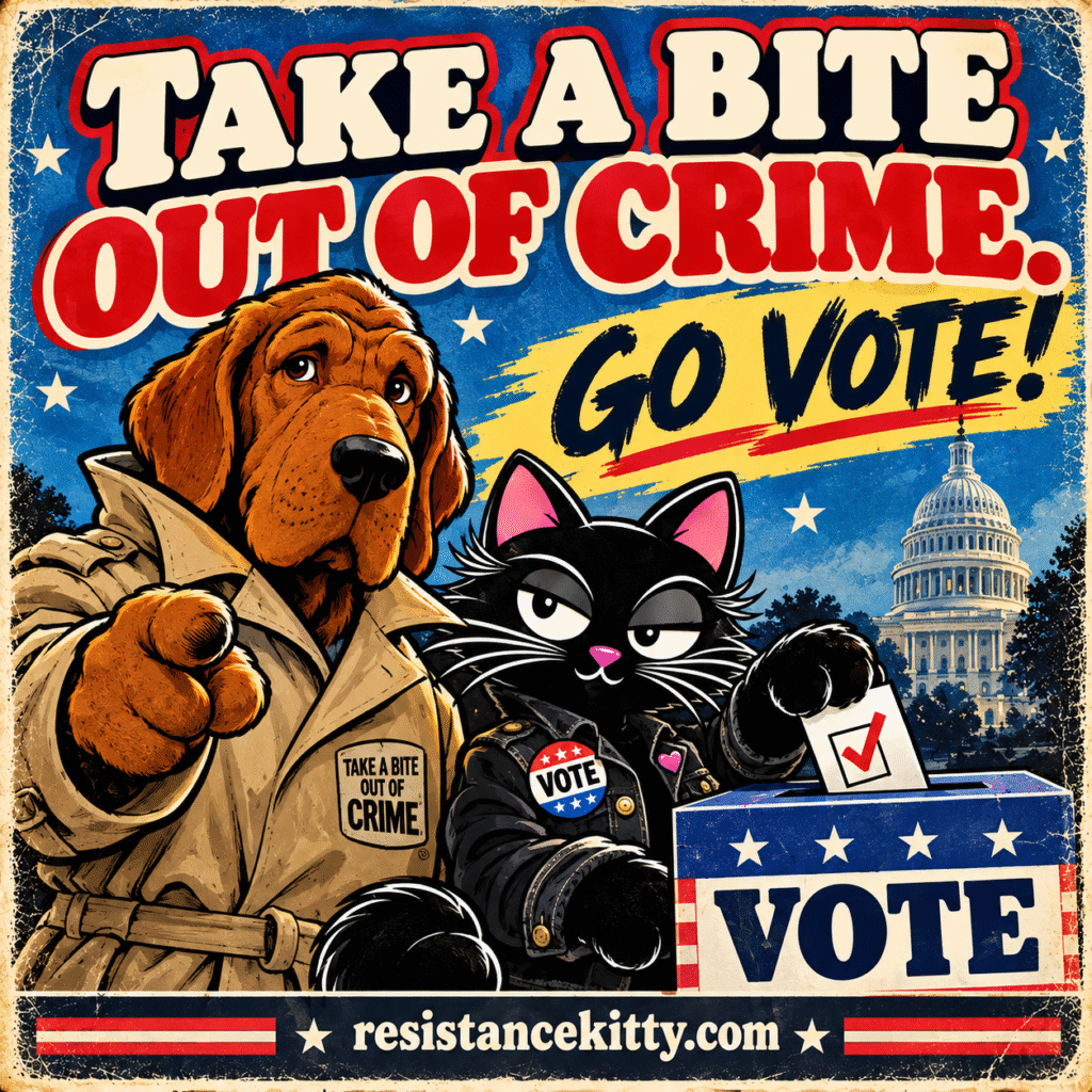 Resistance Kitty says, “Take a Bite Out of Crime, Go Vote”