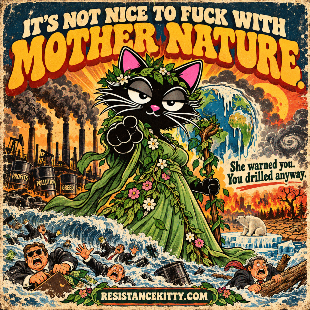 Resistance Kitty says, “It’s not nice to fuck with Mother Nature kitties.”