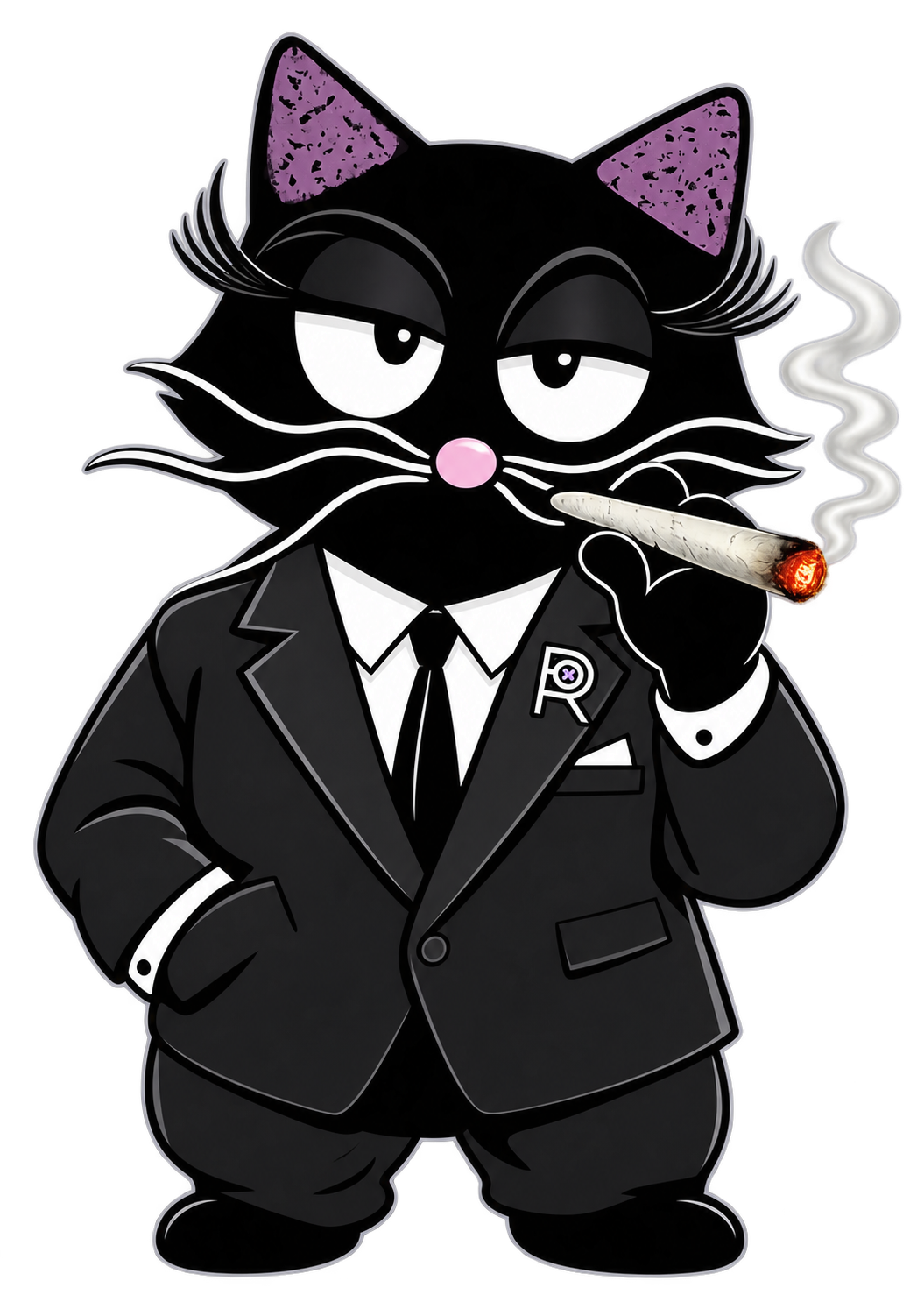 Resistance Kitty in a dark suit with a knowing stare.